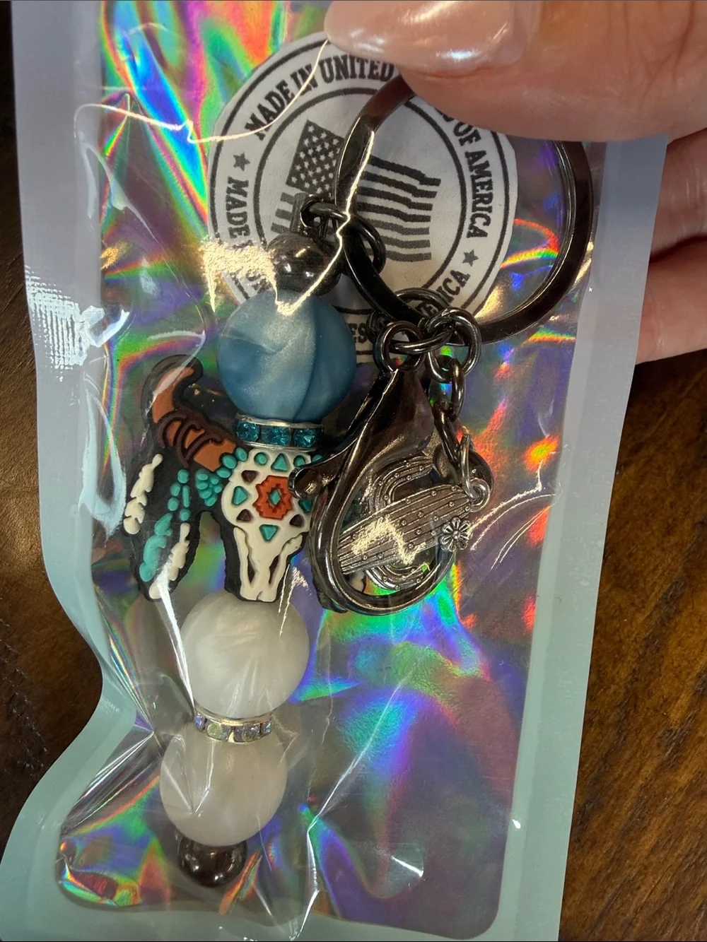 Beaded Bull Skull Keychain Phone Charm - Blue & White